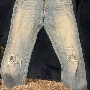 MOTHER Faded Blue Distressed Cropped Jeans